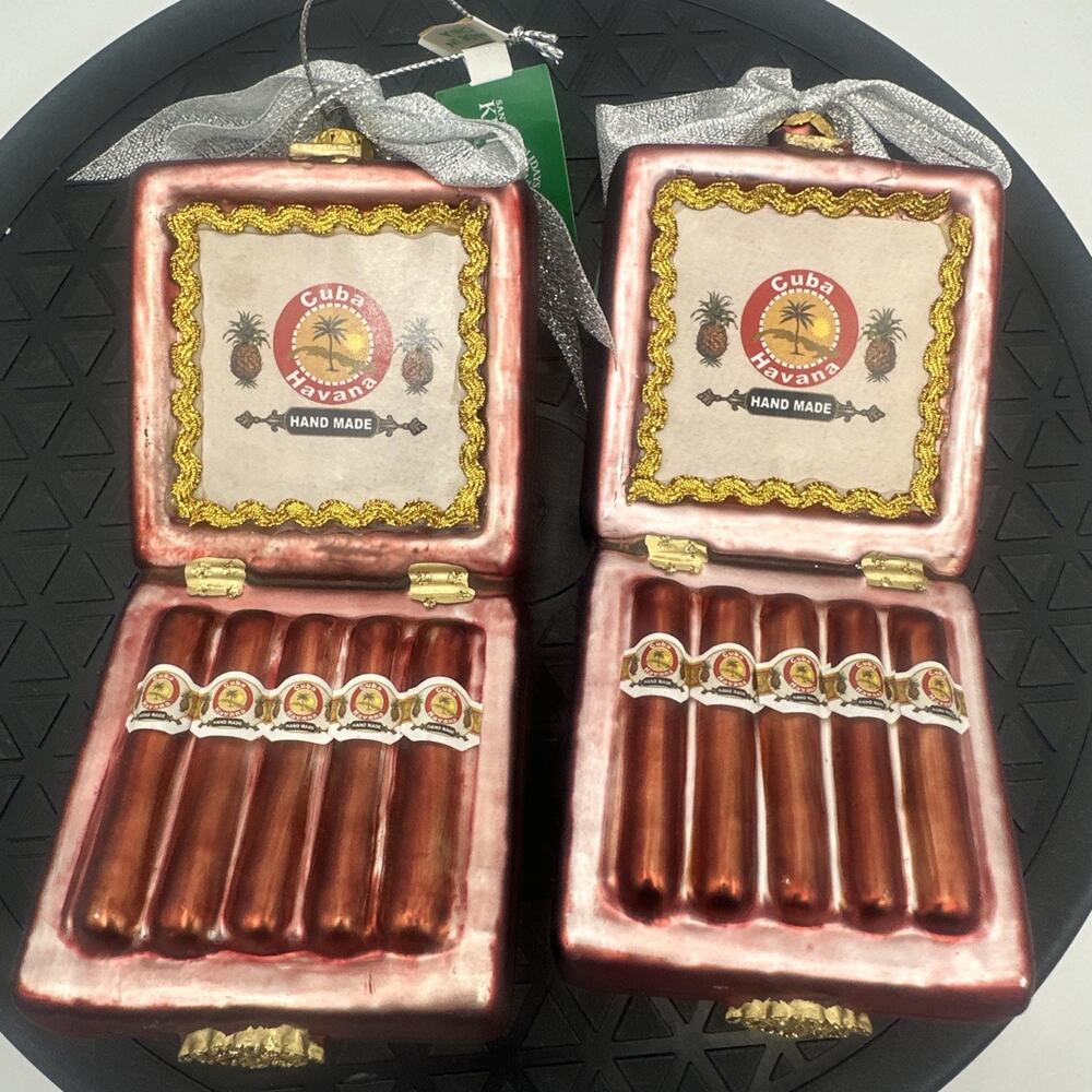 2- Kurt Adler Noble Gems Cigar Box Blown Glass Christmas Ornament Cuba Havana